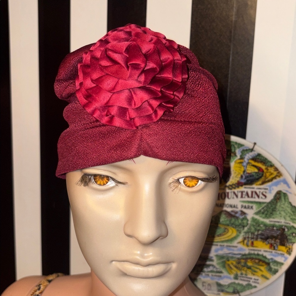 Vintage 1970s Burgundy Turban with Floral Accent - Picture 15 of 15